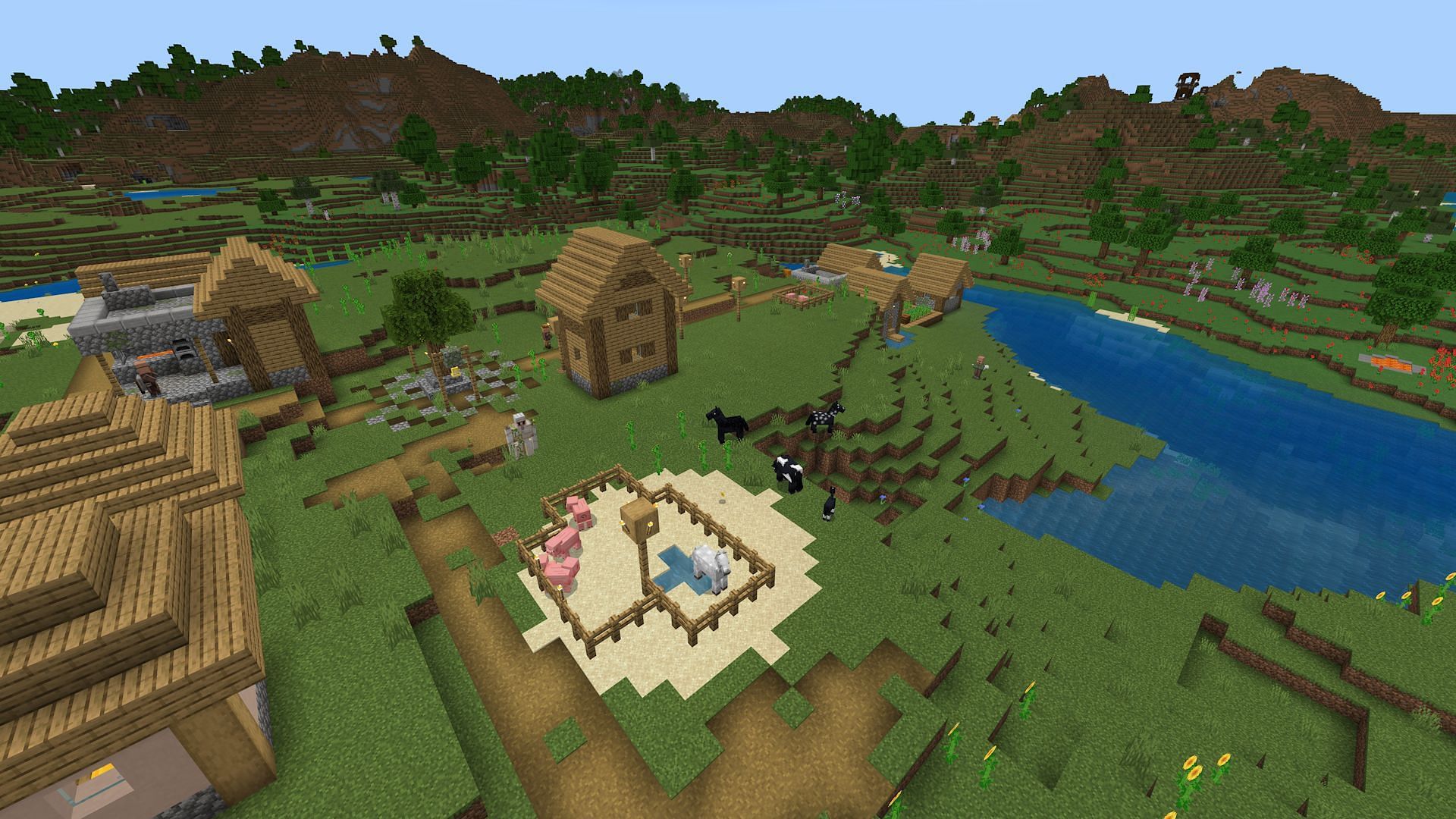 This village near spawn doesn't seem to get that farm animals need grass to eat (Image via Mojang)